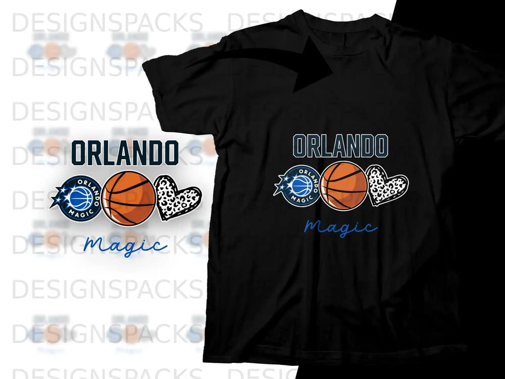 Orlando Magic logo and heart design on a black t-shirt.