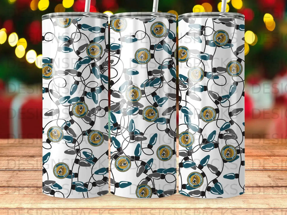 Jacksonville Jaguars logo repeated on white background with holiday lights.