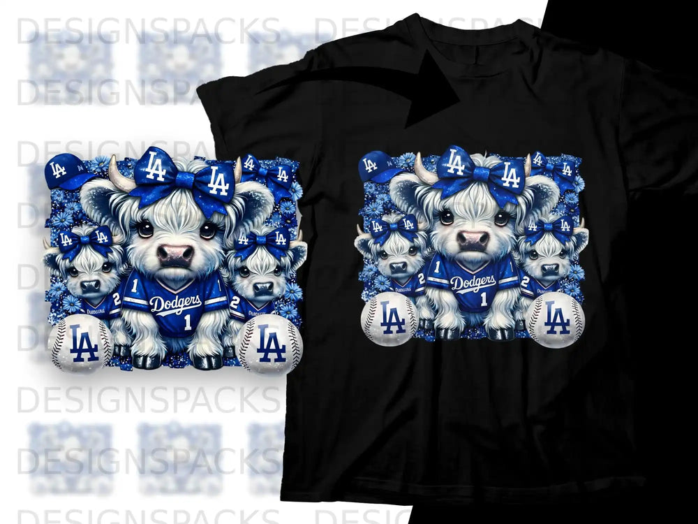 Cute cartoon calf wearing Dodgers jersey with baseballs and bows.