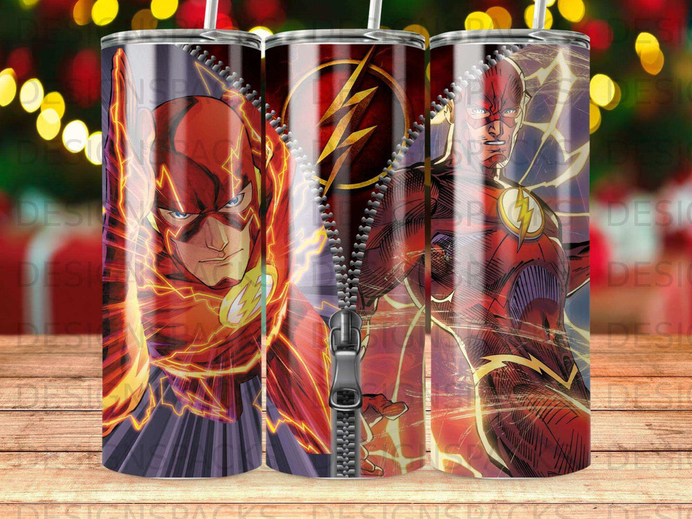 The Flash superhero illustrated in a split-zip design on a tumbler.