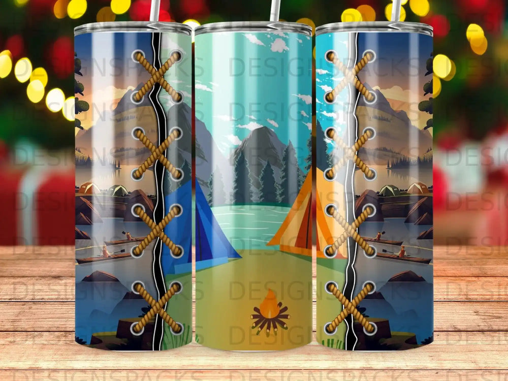 Tumbler with camping scene, tents, lake, and mountains, featuring a lace-up design.