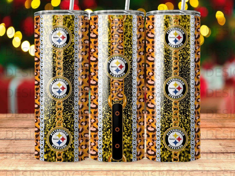 Pittsburgh Steelers logo on a tumbler with leopard print and gold chain pattern.