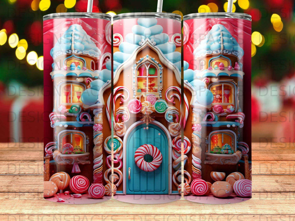 Gingerbread house tumbler with candy decorations and festive lights.