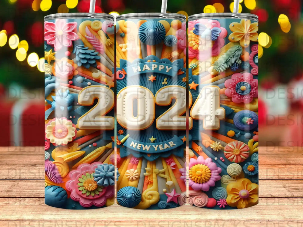 Happy 2024 New Year tumbler with colorful floral and abstract decorations.