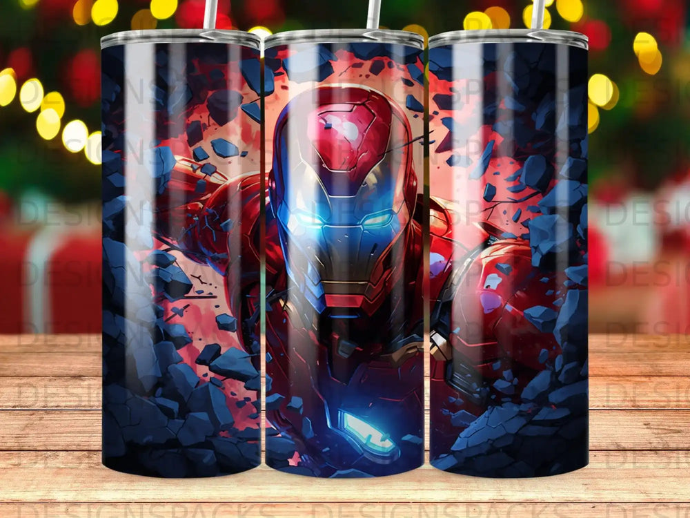 Iron Man superhero art on a metal tumbler with a dark, rocky background.