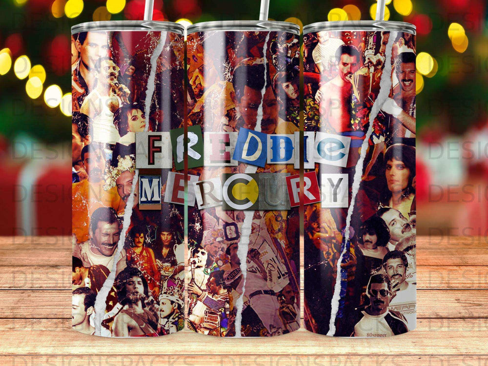 Collage of Freddie Mercury images with the text "FREDDIE MERCURY" and "QUEEN".
