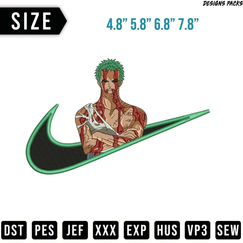 Roronoa Zoro embroidery design on a Nike swoosh.