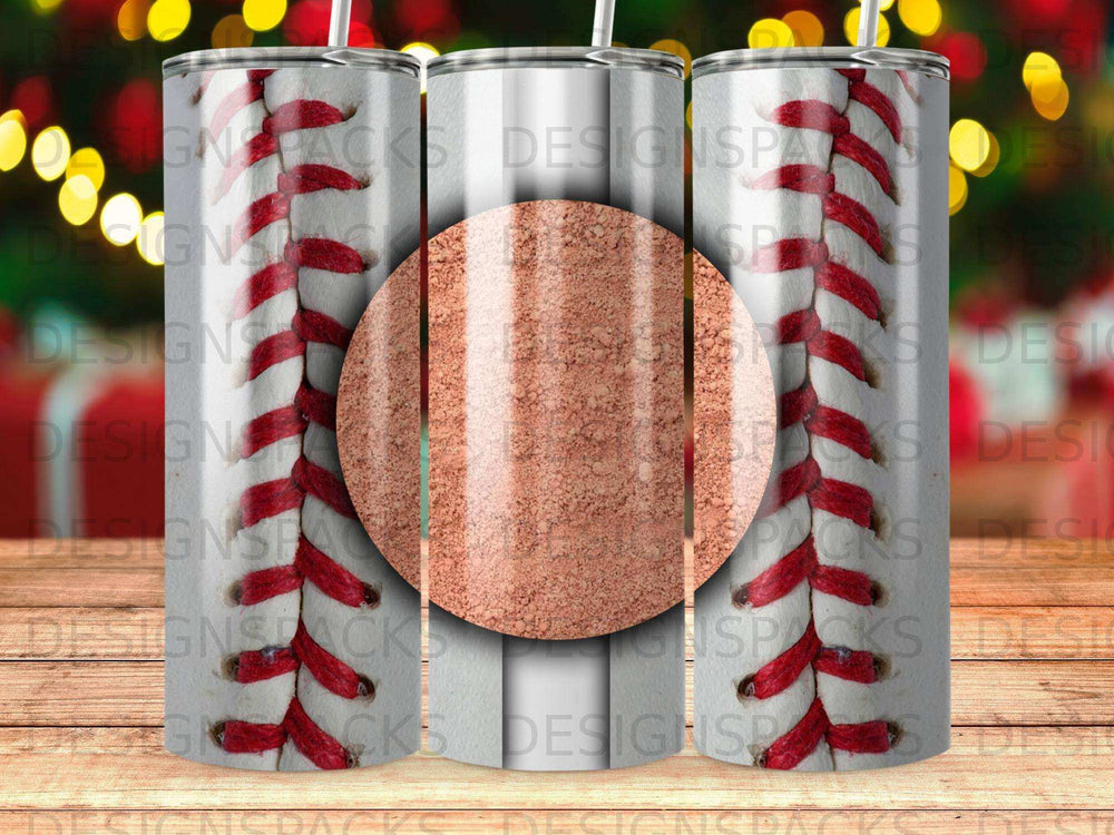 Baseball tumbler with stitching detail and cork texture.