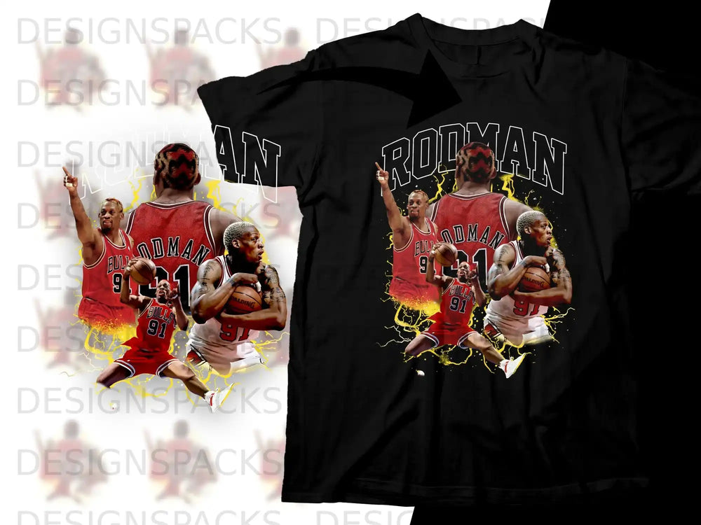 Black t-shirt featuring Dennis Rodman wearing a Bulls jersey, playing basketball.