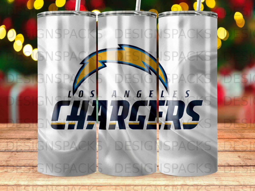 Los Angeles Chargers logo and team name on a patterned tumbler.