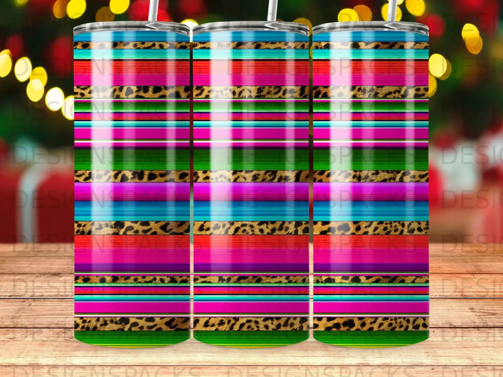 Tumbler with colorful horizontal stripes and leopard print.