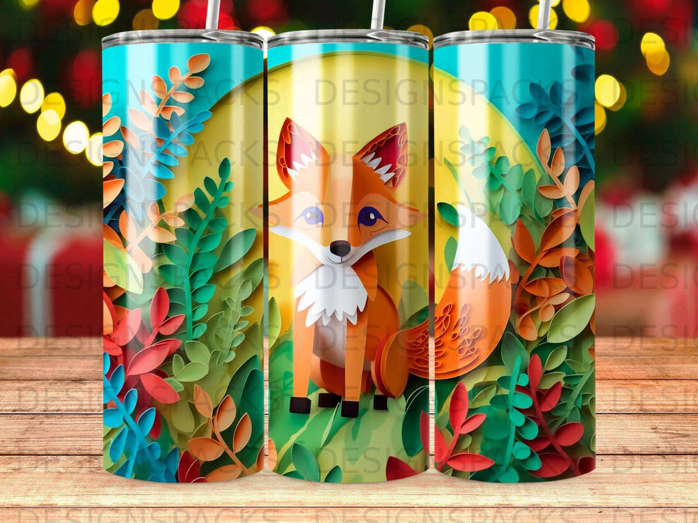 Stylized fox surrounded by colorful autumn leaves on a tumbler.
