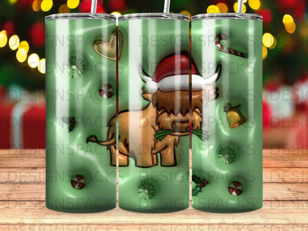 Cow wearing Santa hat holding a sprig of holly.