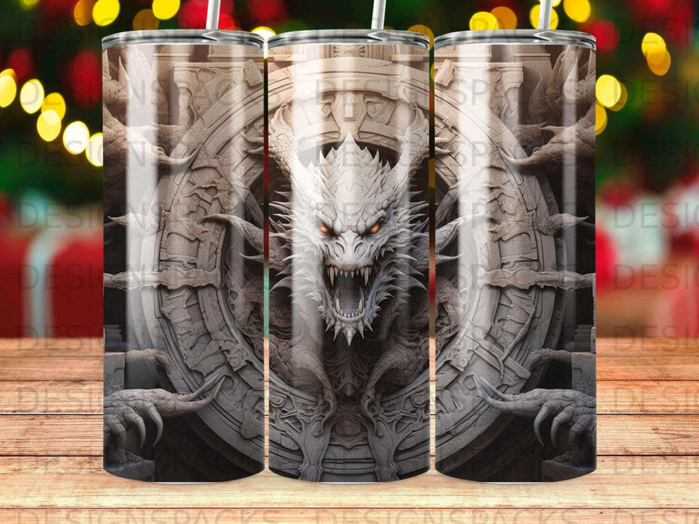 Dragon-themed tumbler with intricate carved details and glowing red eyes.