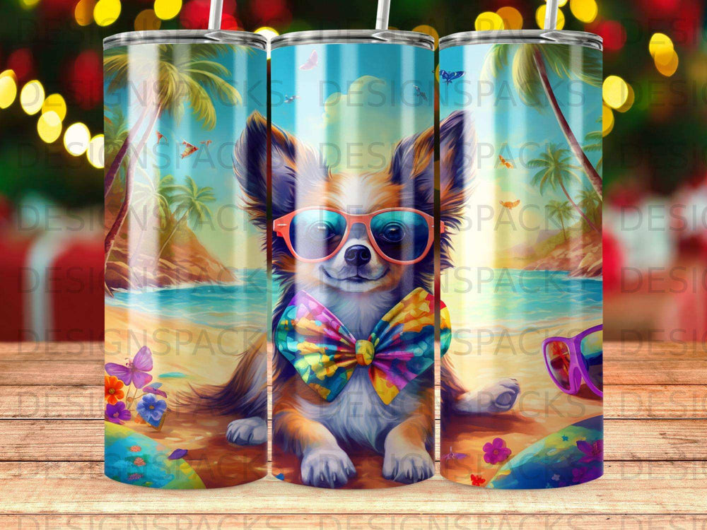 Chihuahua wearing sunglasses and bow tie on beach with palm trees.