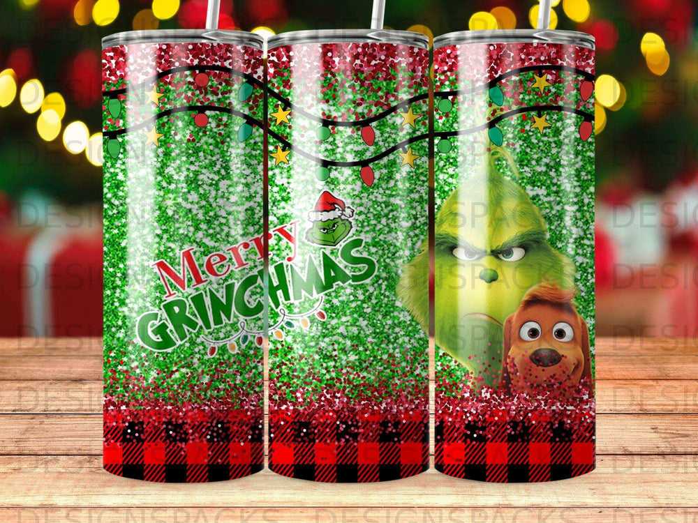 Green Grinchmas tumbler with plaid and bokeh lights.