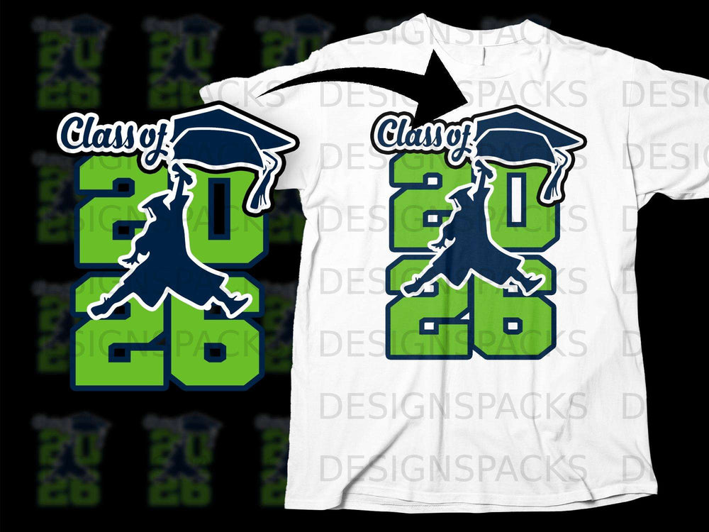 "Class of 26" graphic with graduation cap and silhouette on a white t-shirt.