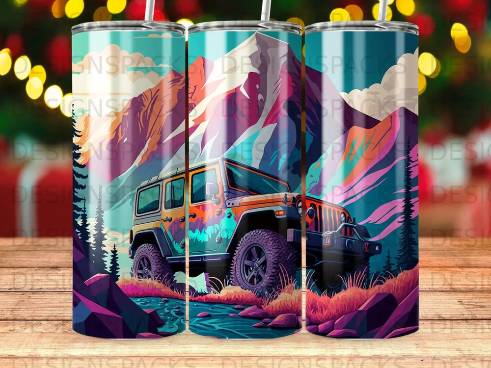 Orange and blue Jeep in a mountain landscape with colorful trees.