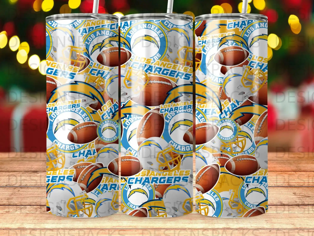 Los Angeles Chargers logo and footballs pattern on three tumblers.