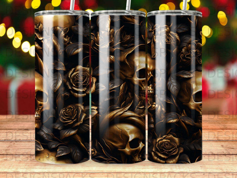 Dark floral pattern with skulls and roses on a tumbler.