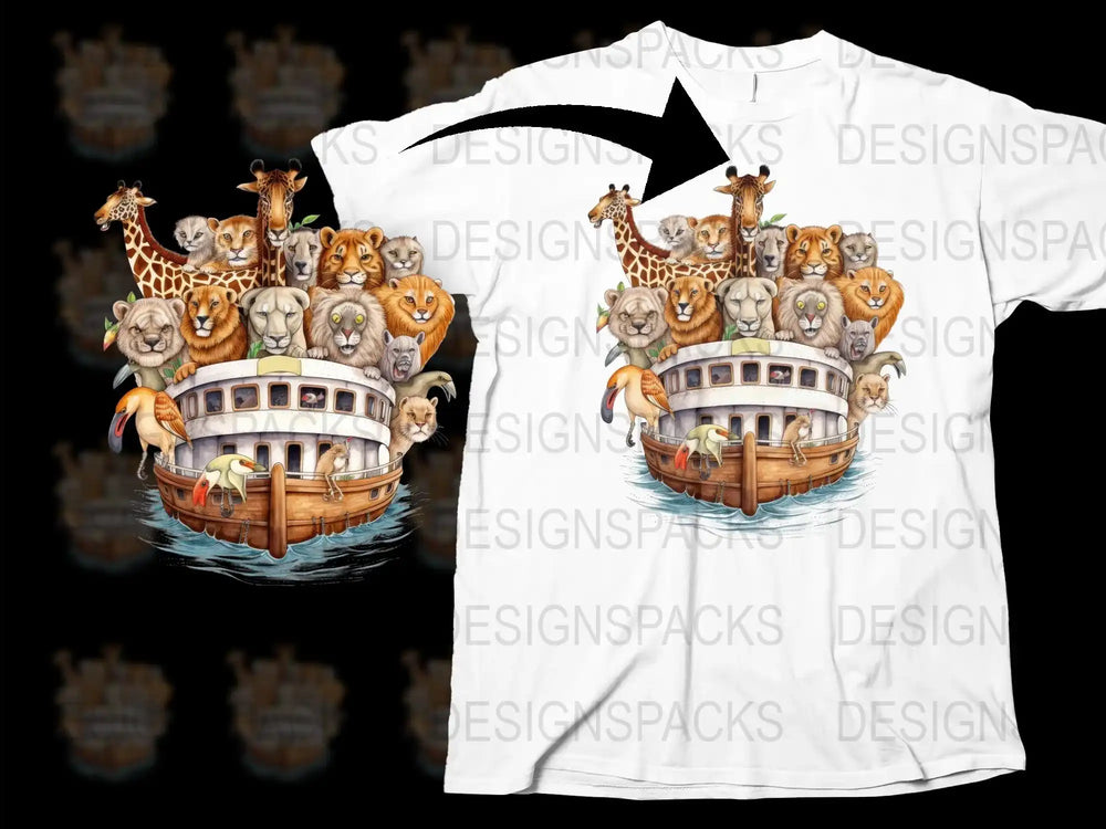 Animal Ark T-Shirt, Colorful Wildlife Boat Graphic Tee, Cute Giraffe and Lion Illustration