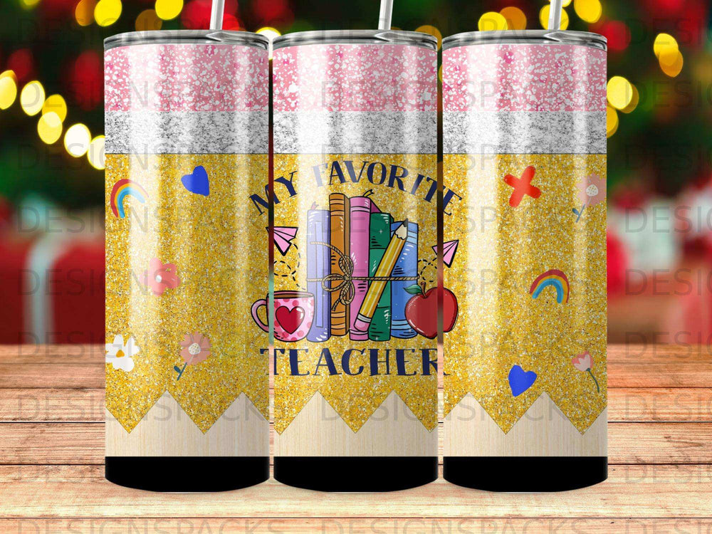 Glittery pencil tumbler with "My Favorite Teacher" and books.