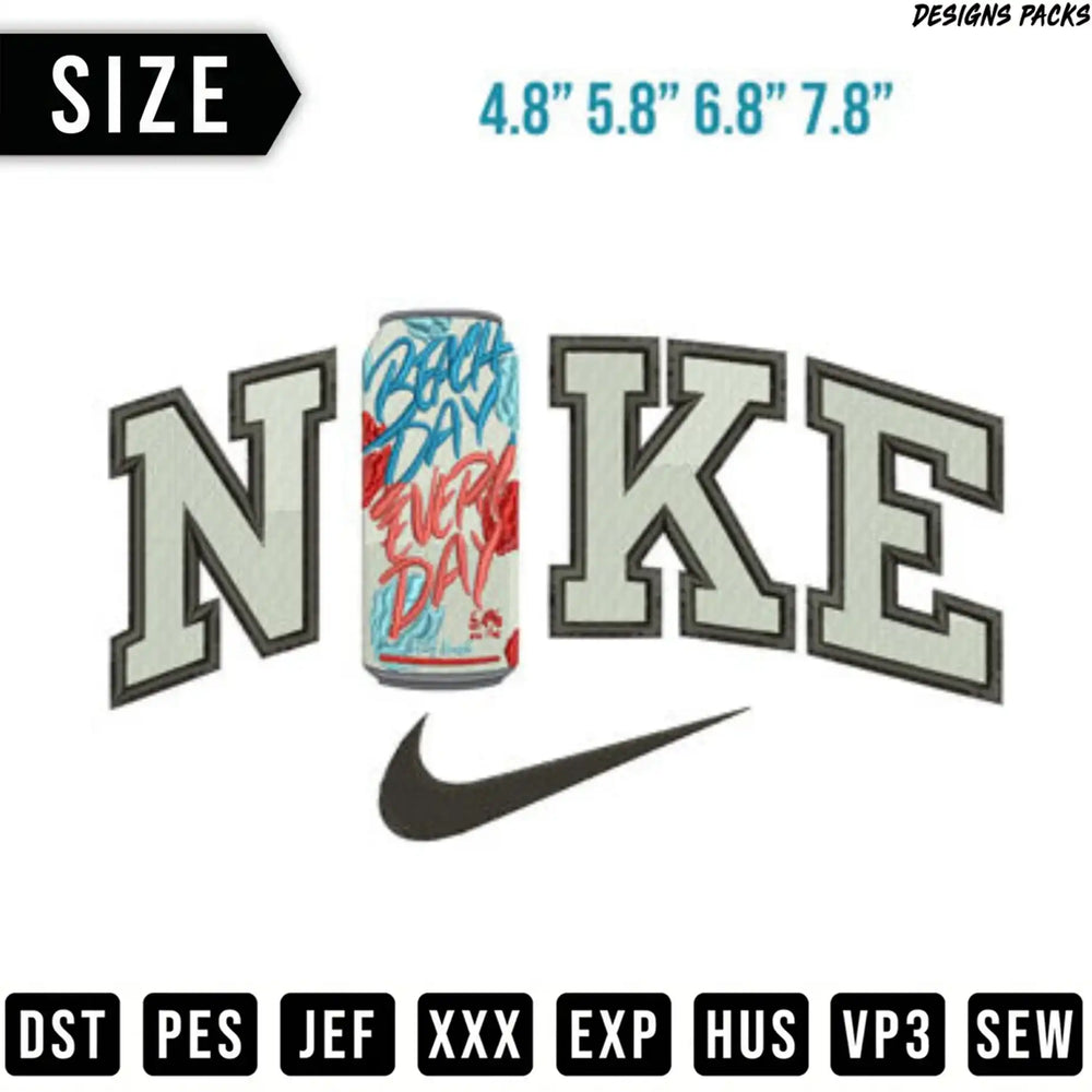 Nike logo with sizes and file formats for embroidery designs.