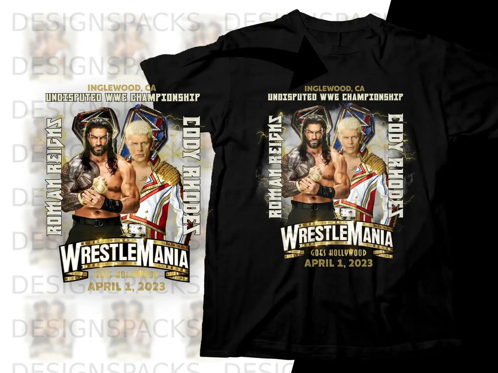 WrestleMania 39 t-shirt featuring Cody Rhodes and Roman Reigns.