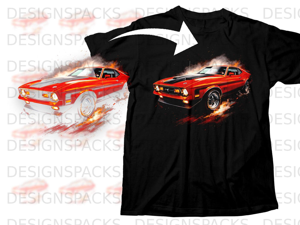 Black t-shirt with red classic car artwork and fiery exhaust.