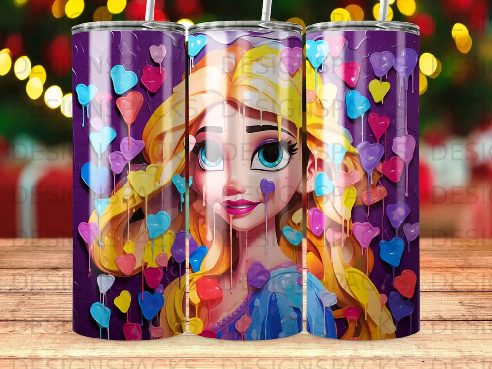 Illustration of a cartoon girl with blonde hair, surrounded by colorful hearts.