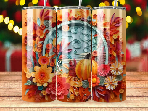 Fall harvest pumpkin and floral design on a tumbler.