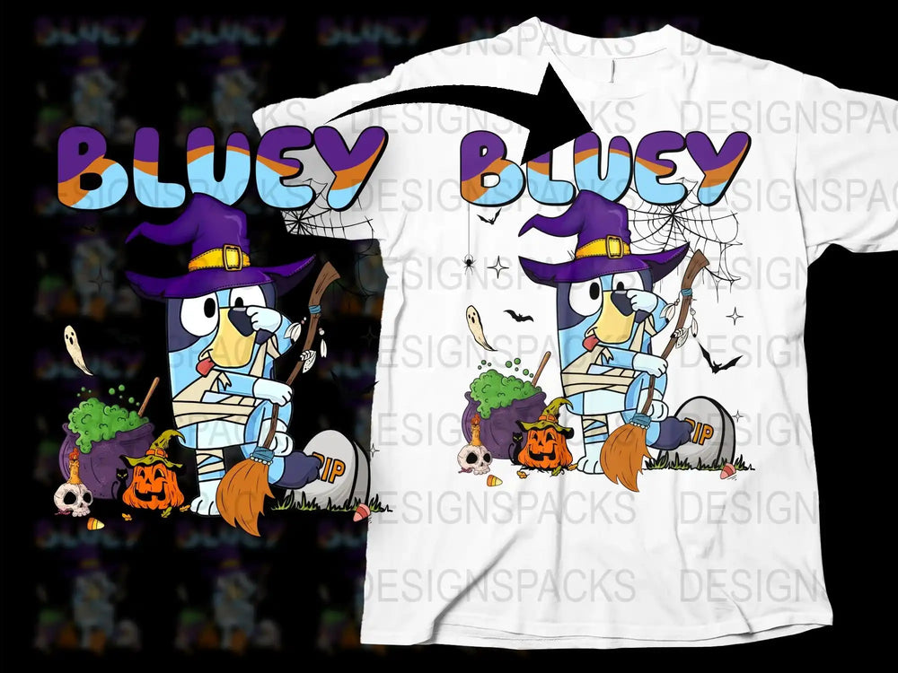 Bluey Halloween T-Shirt Kids Cartoon Character Costume Tee with Witch Hat and Pumpkin Graphics
