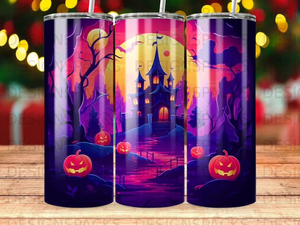 Halloween tumbler with spooky castle, pumpkins, and moonlit path.