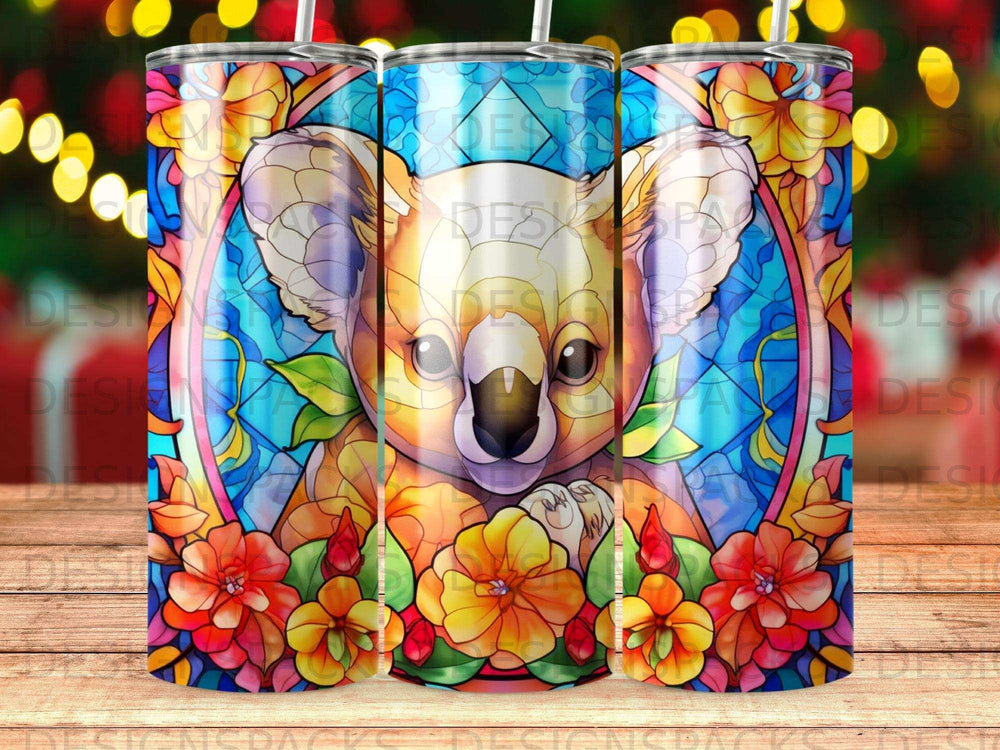 Stained glass koala surrounded by colorful flowers in a circular design.