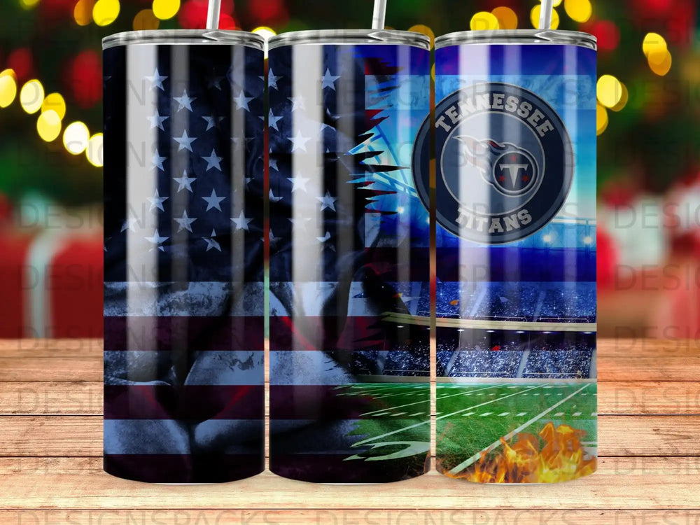Tennessee Titans stadium scene with American flag and football field.