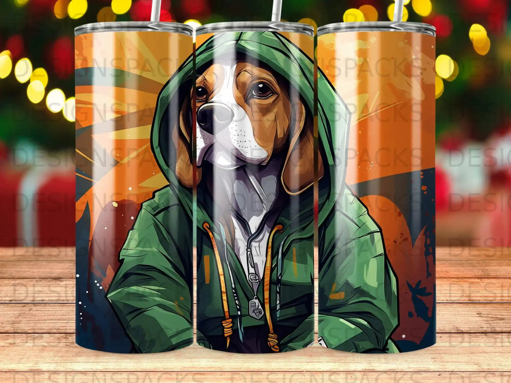 Beagle dog wearing a green hooded sweatshirt.