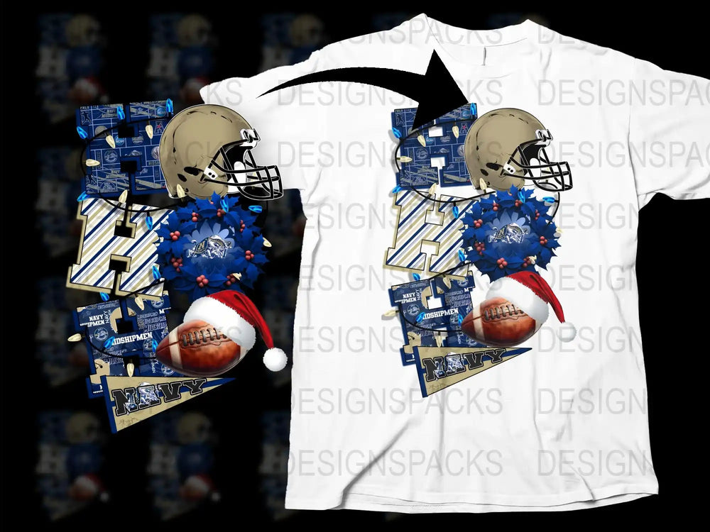 Football Helmet Christmas T-Shirt, Blue Floral Pattern, Holiday Sports Apparel, Festive Casual Wear