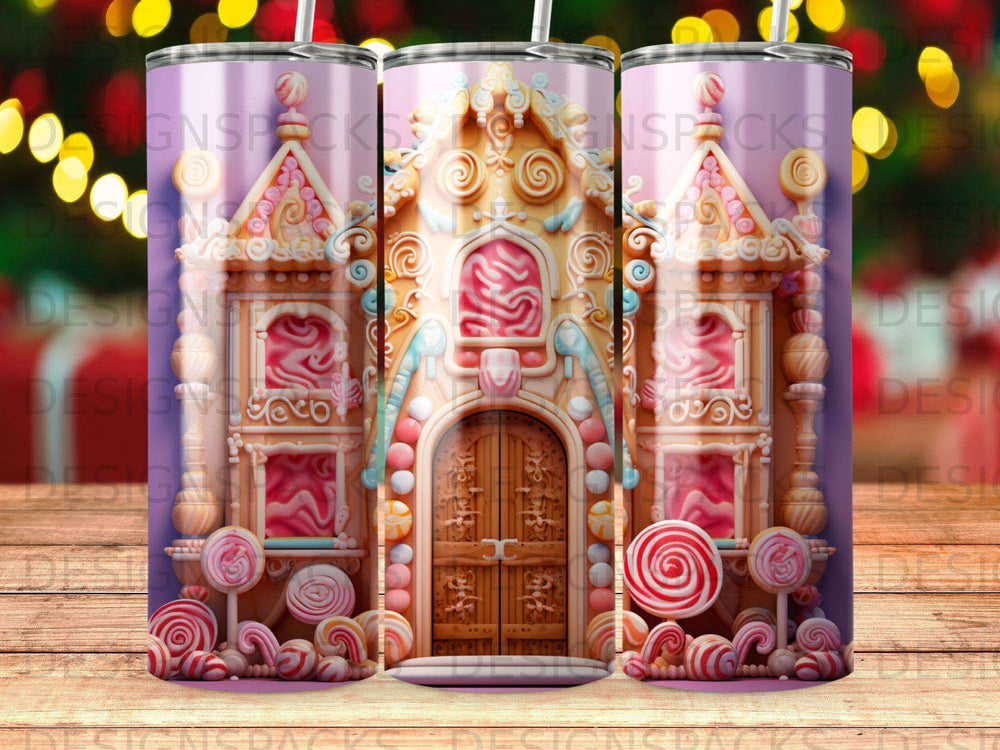 Gingerbread house tumbler with candy decorations and lollipops.