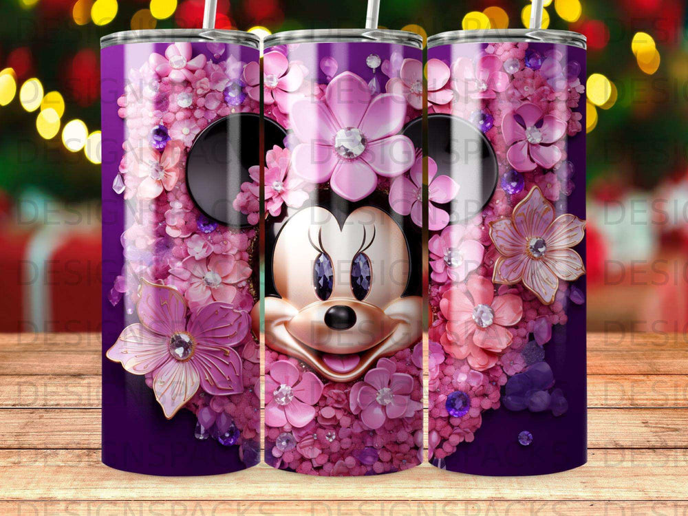 Minnie Mouse face surrounded by pink and purple flowers on a purple background.