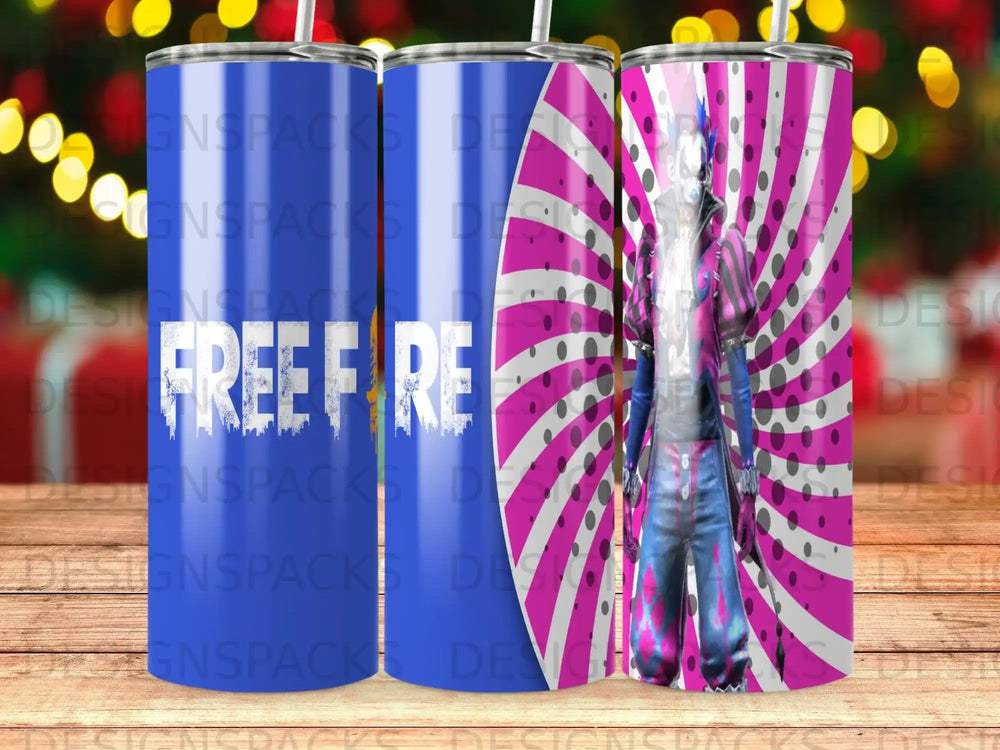 Free Fire character on pink and white striped tumbler.