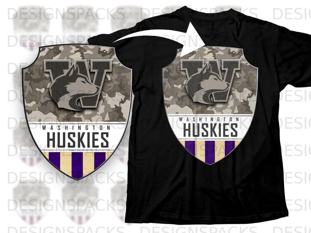 Washington Huskies shield logo with camouflage and purple and gold stripes.