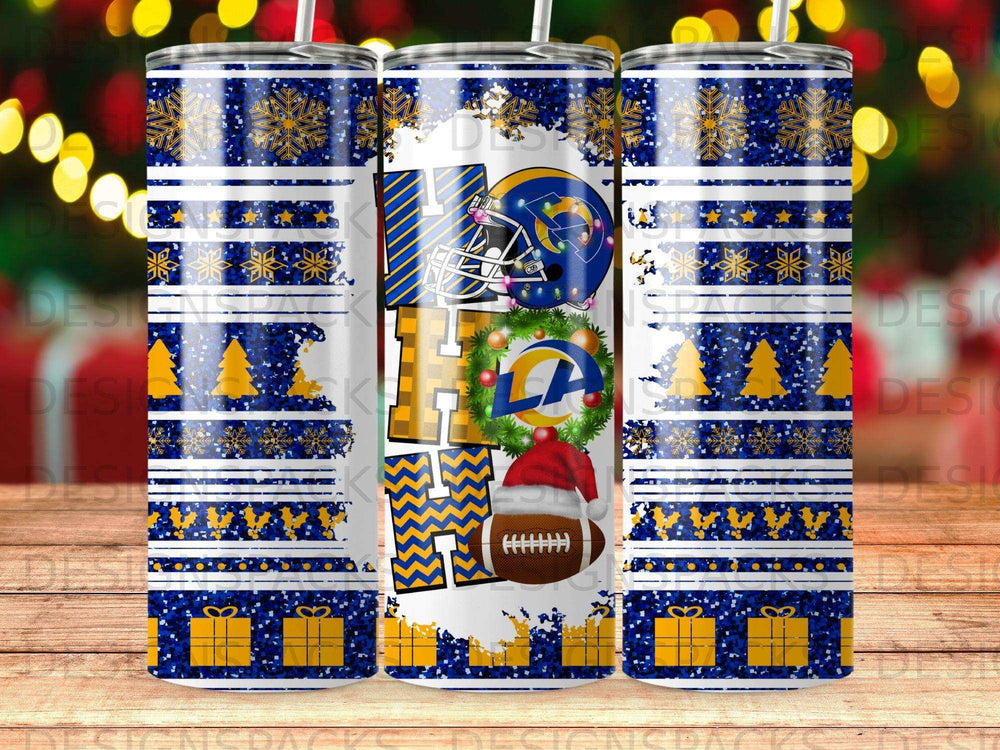 Los Angeles Rams HO HO HO design on a tumbler with snowflakes and presents.