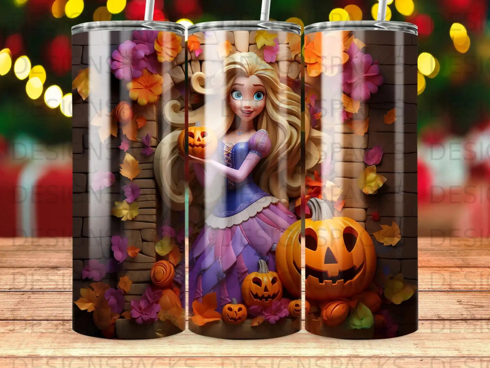 Rapunzel holding a pumpkin with Halloween decorations.