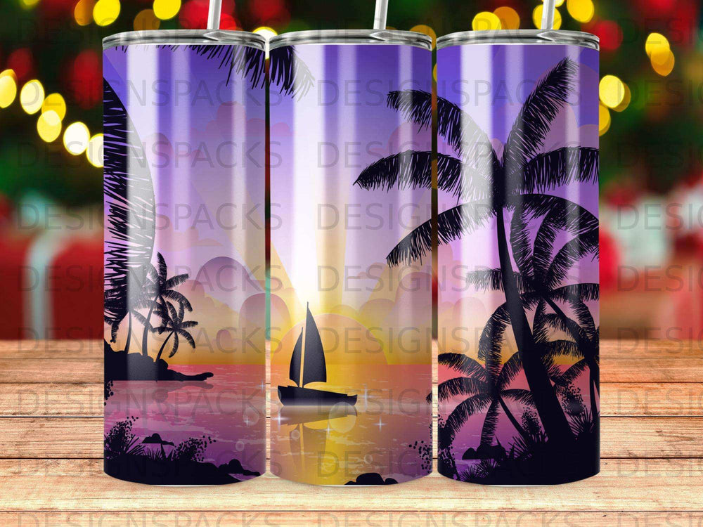 Palm trees and sailboat silhouette at sunset, with subtle watermark text.