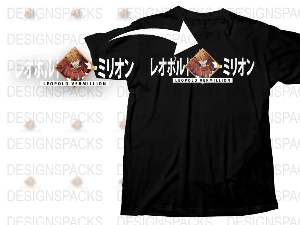 Anime Graphic T-Shirt, Leopold Vermillion Design, Black Cotton Tee, Unisex Manga Shirt, Casual Wear