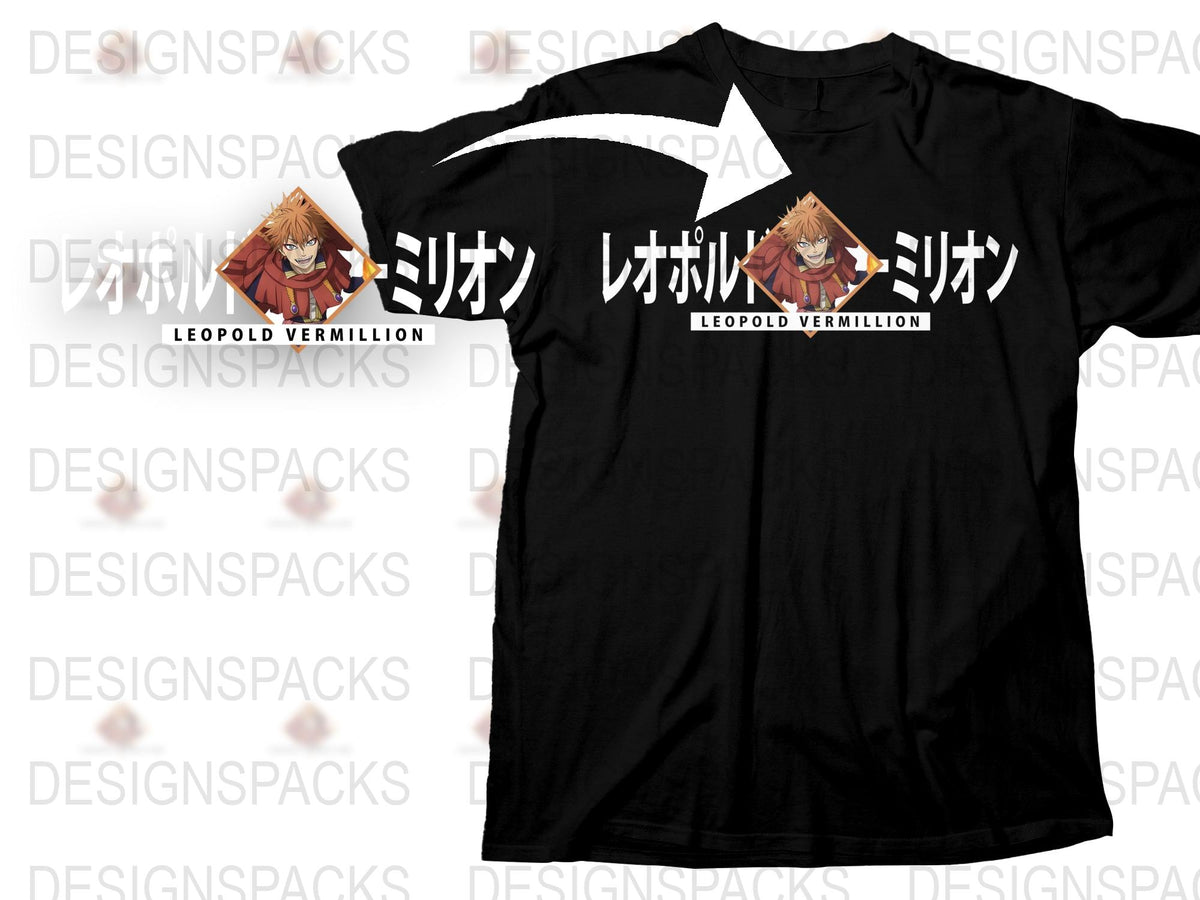 Anime Graphic T-Shirt, Leopold Vermillion Design, Black Cotton Tee, Unisex Manga Shirt, Casual Wear