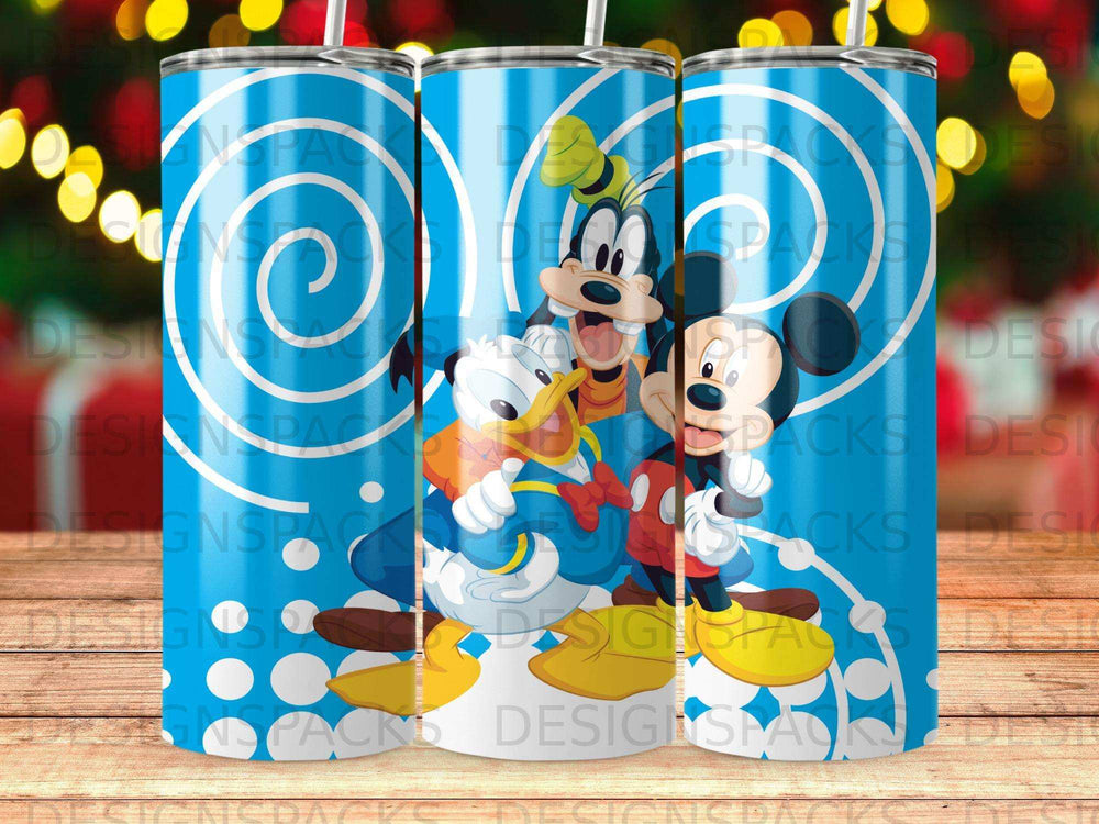 Mickey Mouse, Donald Duck, and Goofy on a blue tumbler with a spiral design.