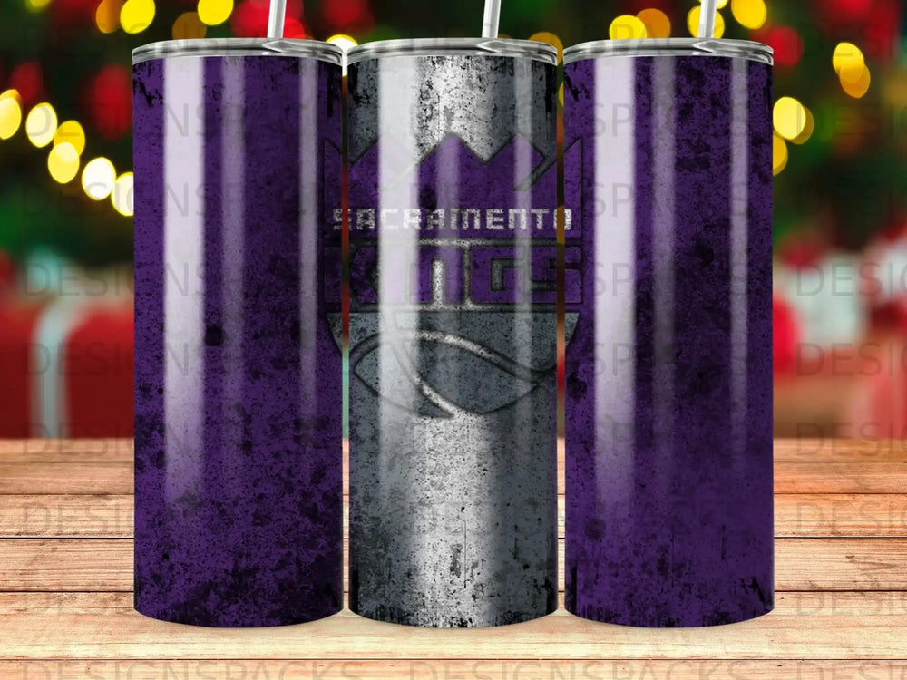 Sacramento Kings logo on textured tumbler with purple gradient.