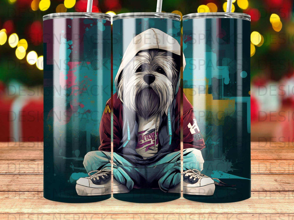 Dog wearing hoodie and sneakers, sitting cross-legged.