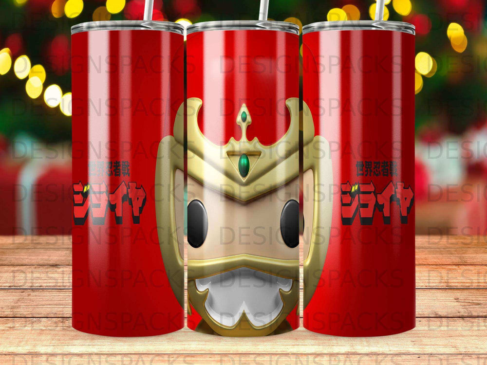 Japanese anime character with red, white, and green on a tumbler.